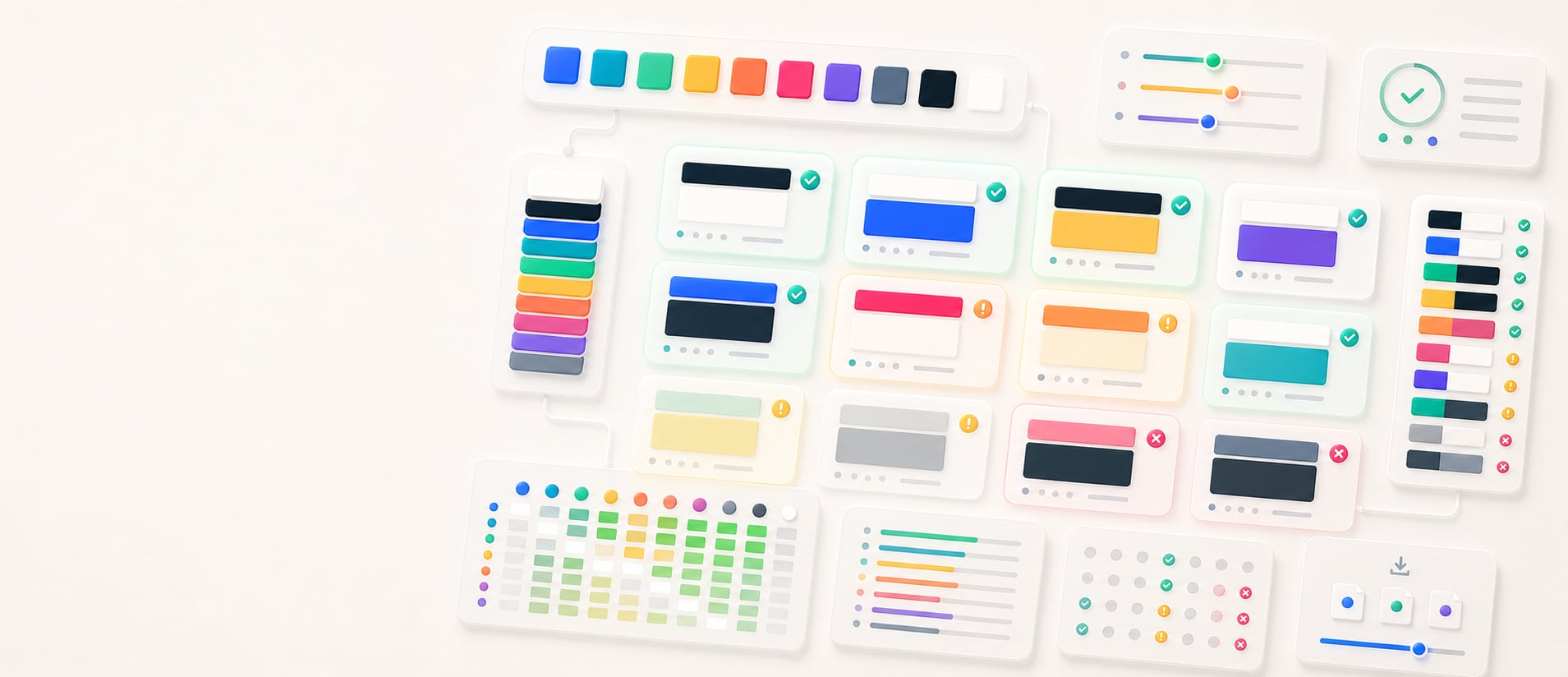 A polished accessible pair finder workspace with palette chips, foreground and background pair cards, contrast matrix tiles, pass and warning cues, threshold sliders, and abstract export panels.