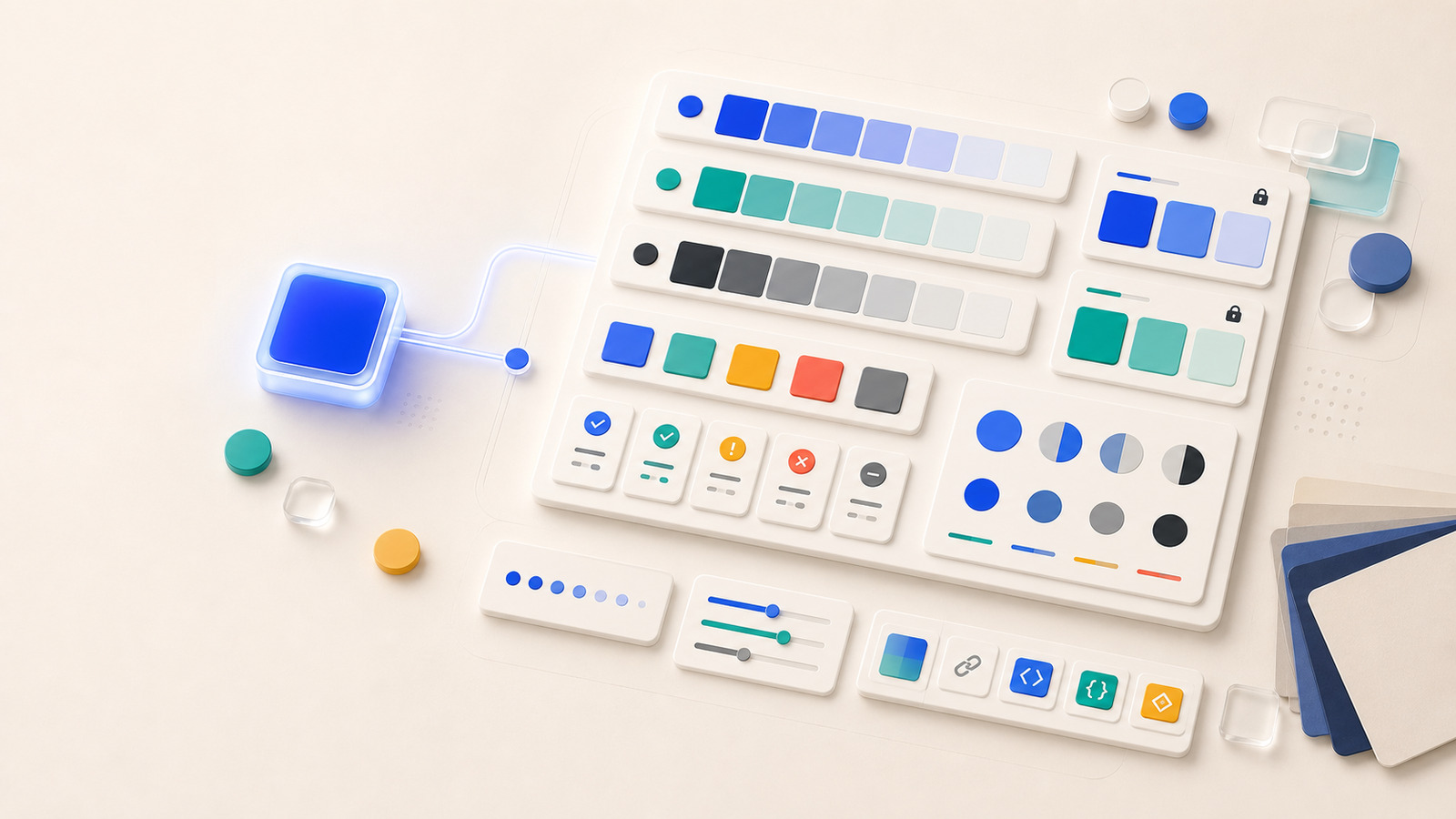 One blue seed color feeding into palette cards, role swatches, contrast checks, and export controls.