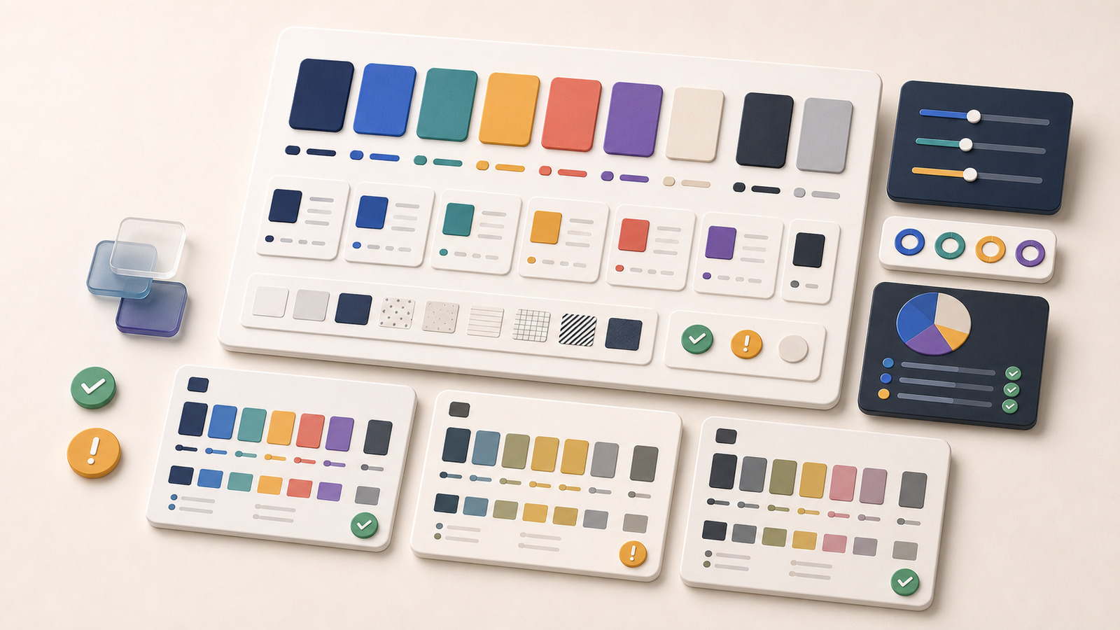 Palette board comparing original swatches, simulated swatches, pattern chips, and accessibility review indicators.