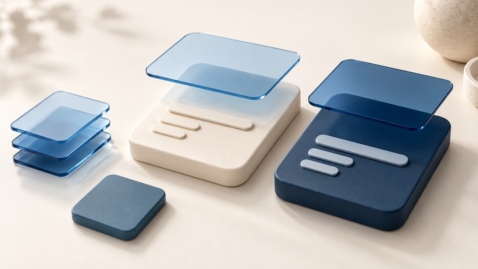 Translucent blue panels suspended above ivory and navy cards, with solid foreground bars and layered blue samples.