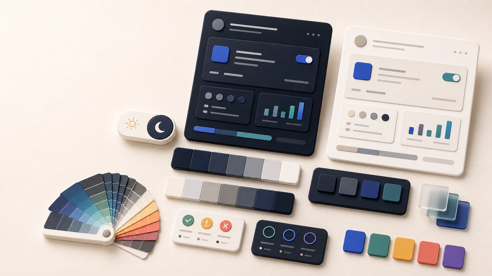 Dark and light interface panels with palette swatches, neutral ramps, accent chips, and contrast indicators for a dark mode color system.