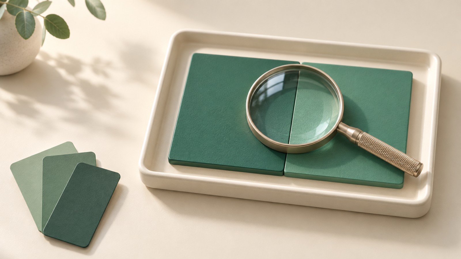 A magnifying glass spans the seam between two similar green color samples in a cream tray, beside three green swatches.