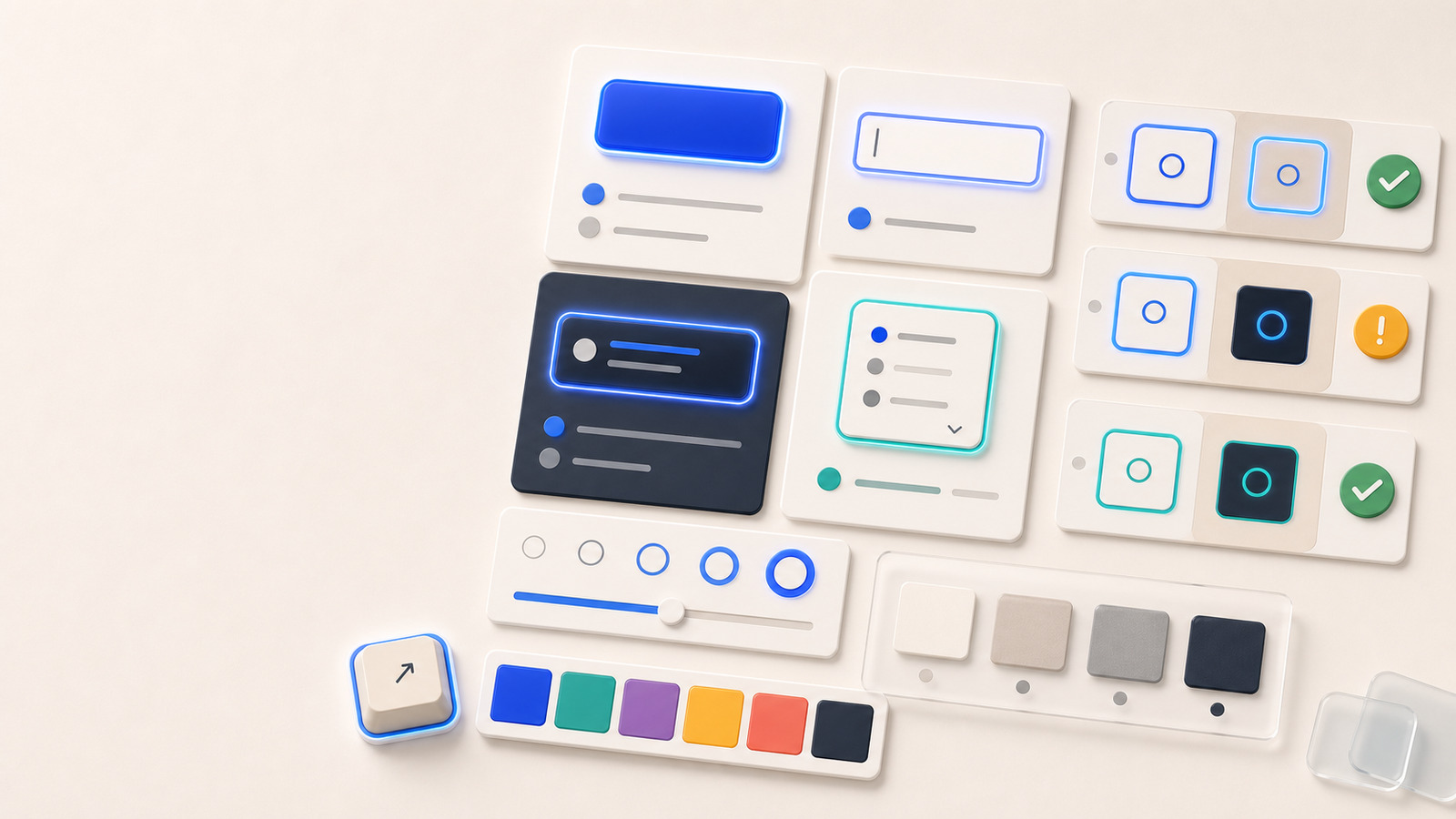 Focused interface controls with glowing focus rings, contrast status cards, and adjacent color swatches.