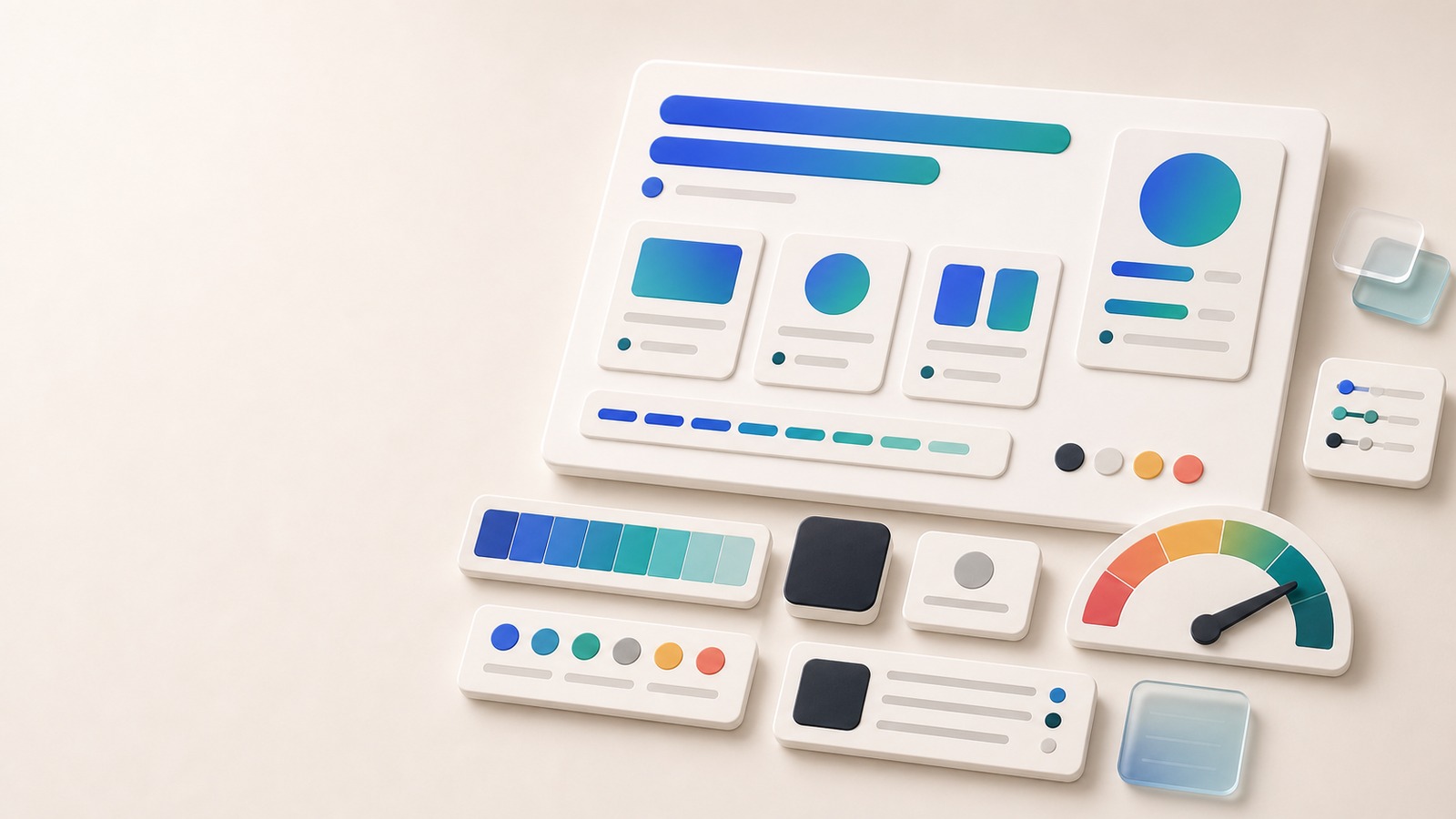Gradient UI cards with fallback color chips, swatches, token panels, and contrast meter elements.