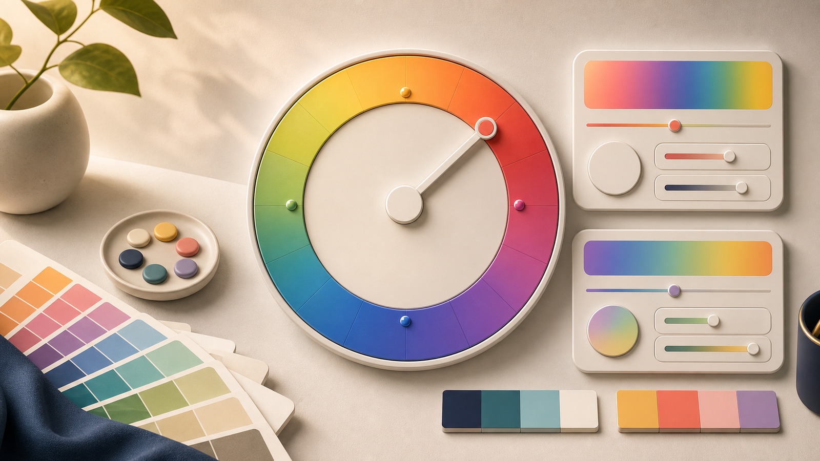 Hue dial with a pointer, surrounding swatches, and color control cards for comparing hue directions.