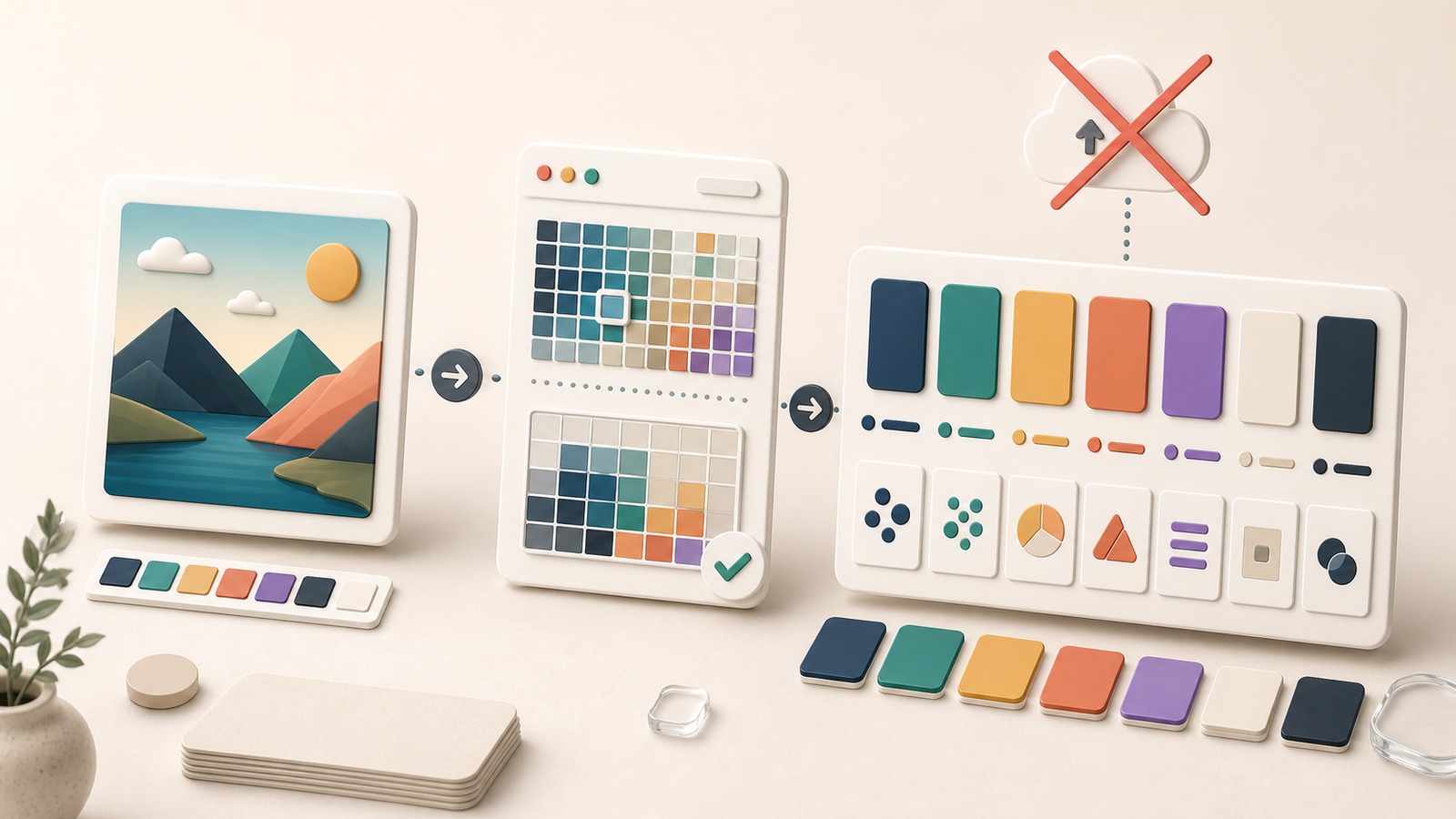 Local image card flowing into browser pixel grids and extracted palette swatches with a crossed-out upload cloud.