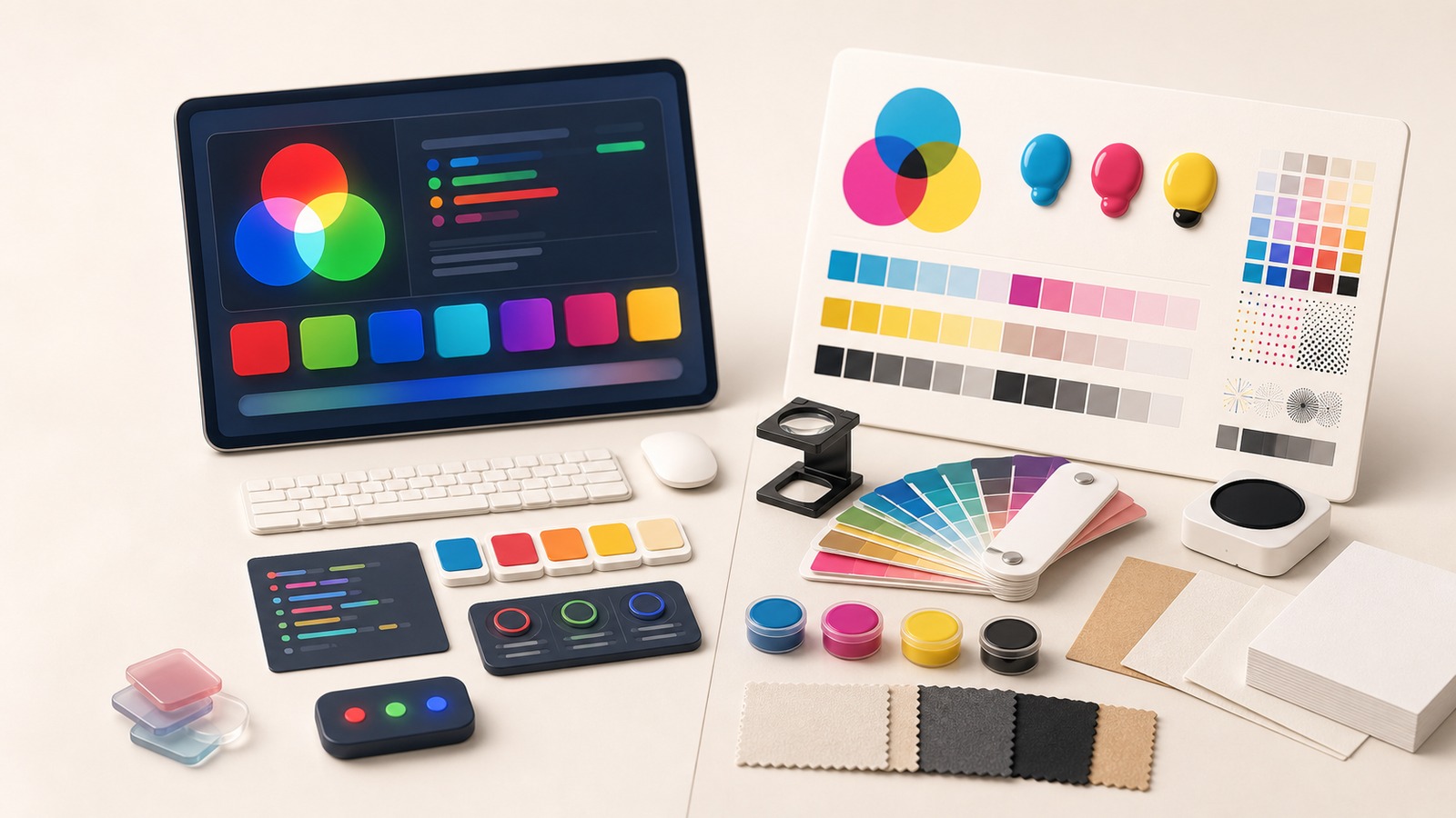 Screen color workspace with RGB swatches beside a print proof board with CMYK swatches, paper samples, and color fan deck.