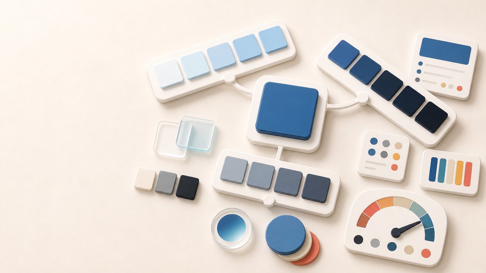 One blue base swatch branching into pale tint, dark shade, and muted tone color ramps.