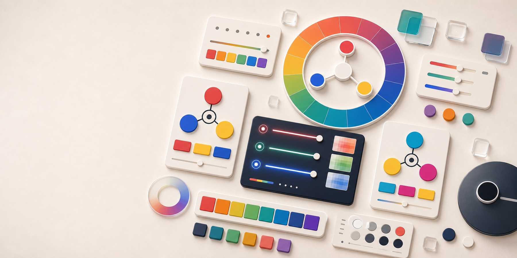 Hue wheel with RYB, RGB, and CMY primary color sets.