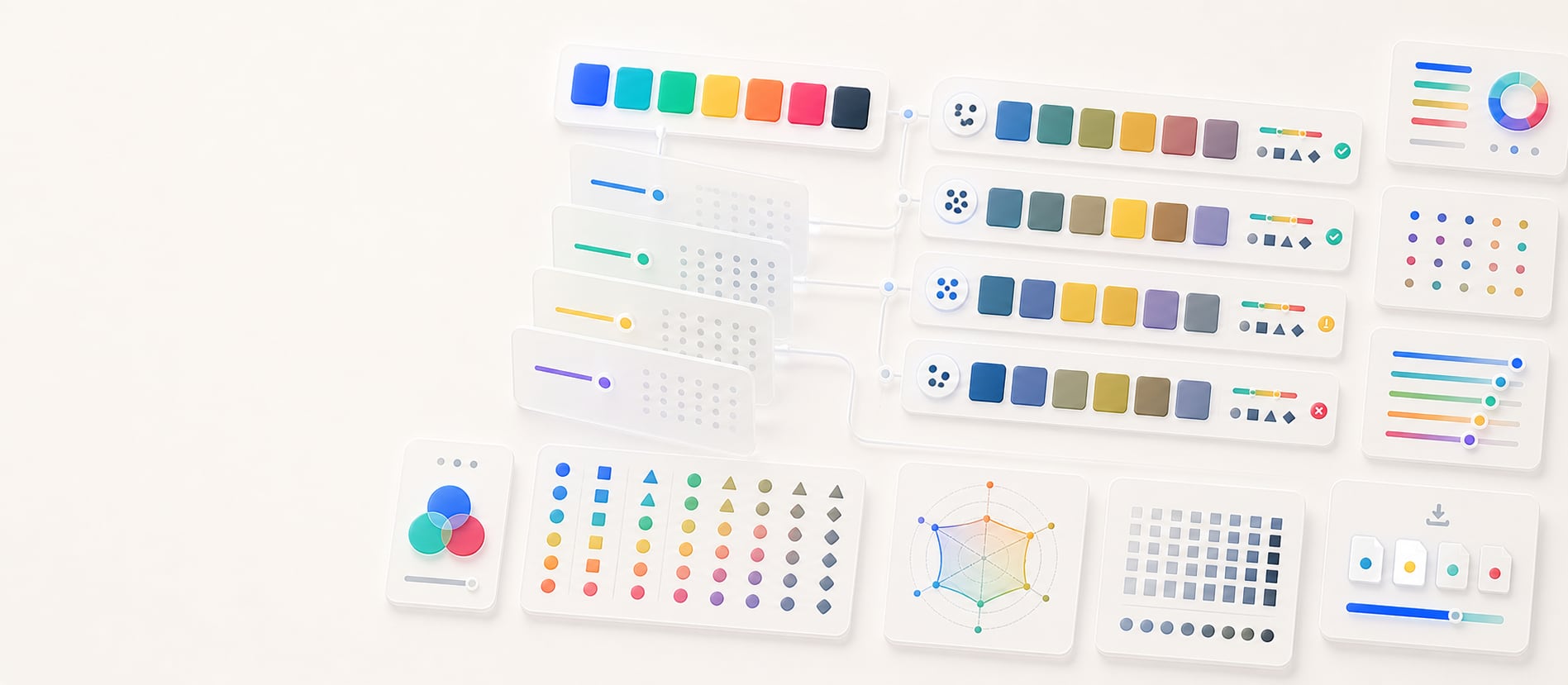 A polished color blindness simulator workspace with original palette swatches, simulated comparison rows, translucent filter panels, shape markers, accessibility check chips, and abstract export panels.