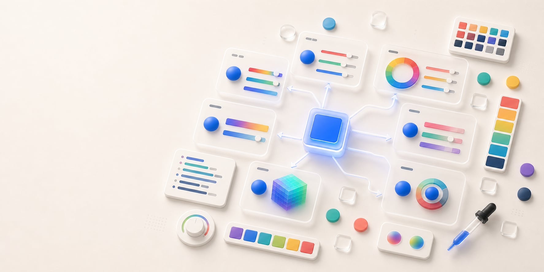 A polished color conversion workspace with one blue seed color branching into multiple glass format cards, sliders, swatches, and color model panels.