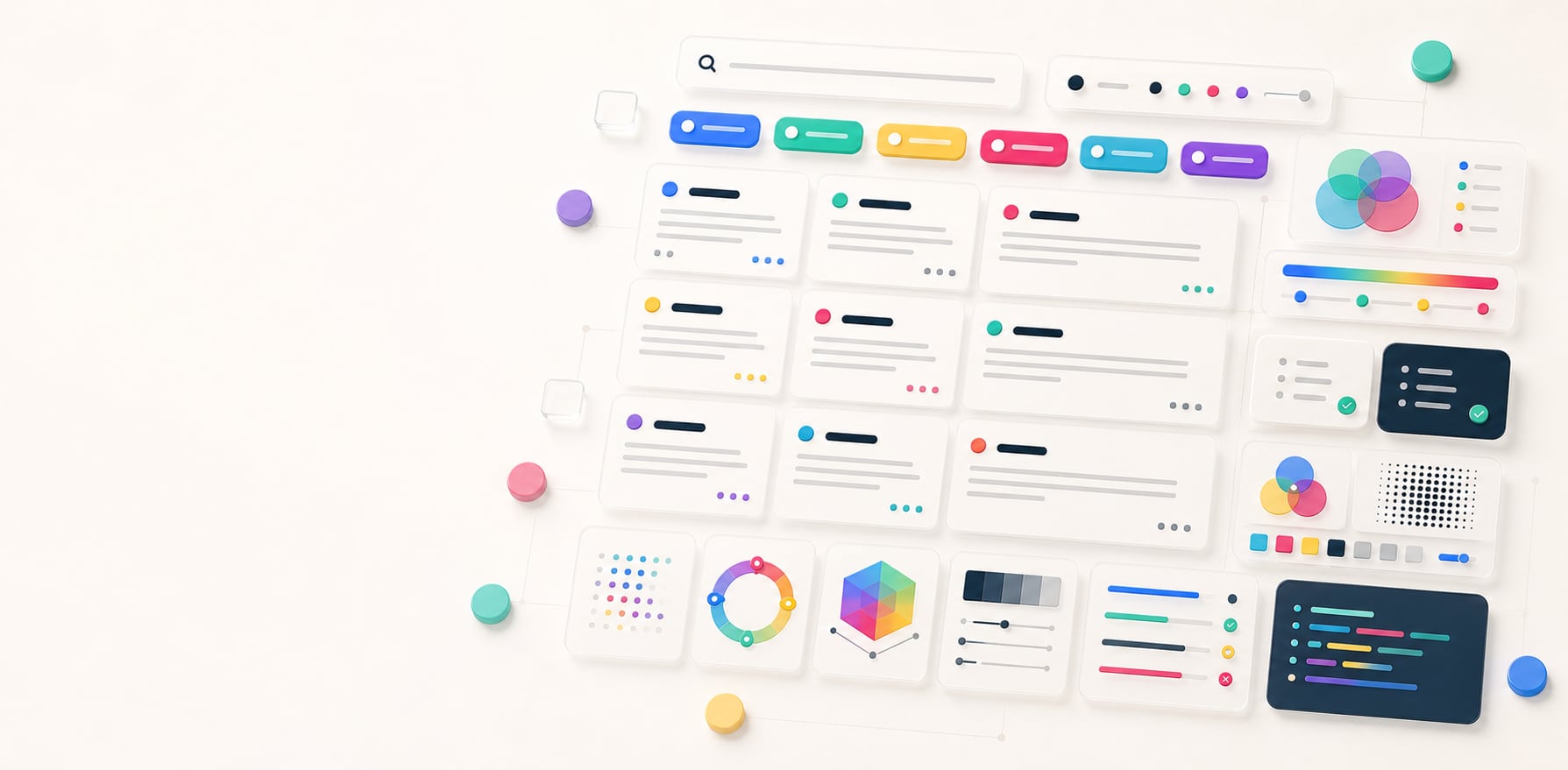 A polished color glossary reference workspace with search controls, category chips, glossary entry cards, color-space diagrams, swatches, and abstract definition panels.