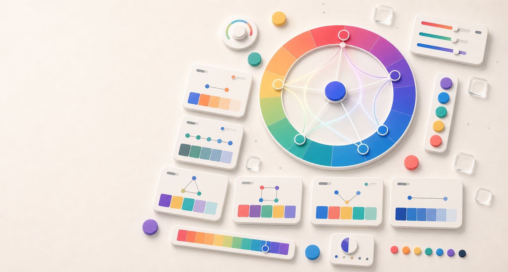 A polished color harmony workspace with a large hue wheel, connected harmony nodes, relationship arcs, palette cards, swatches, and color controls.