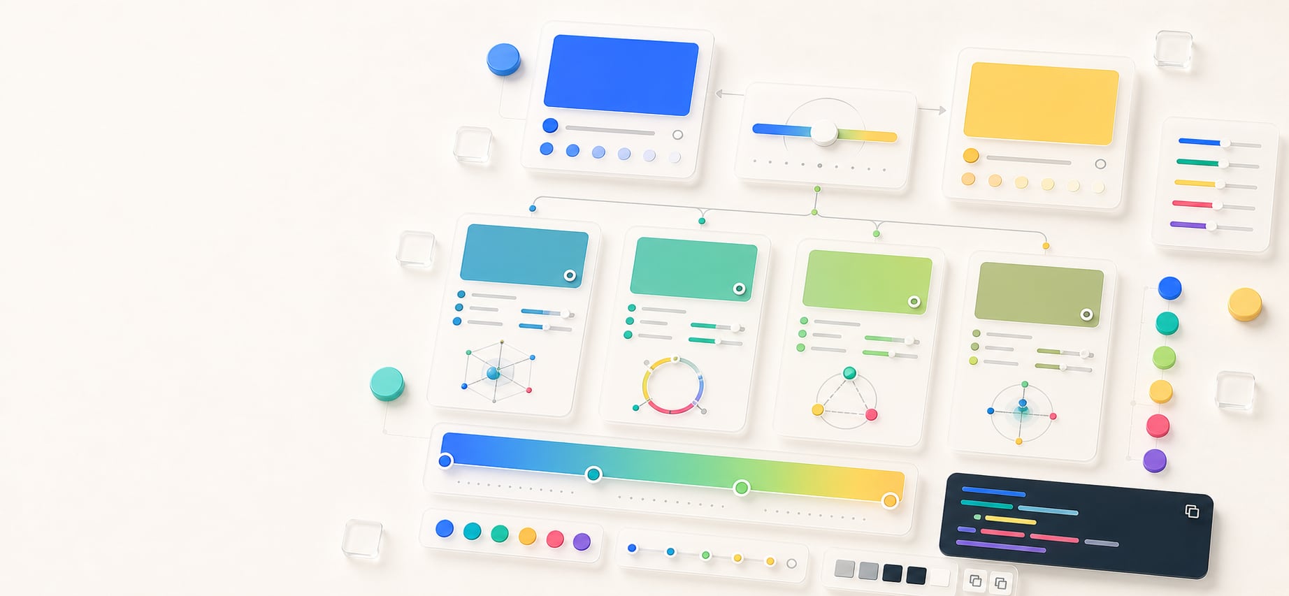 A polished color mixer workspace with two source color cards, a central weight slider, branching blend paths, model result cards, a smooth blend strip, and abstract CSS export output.