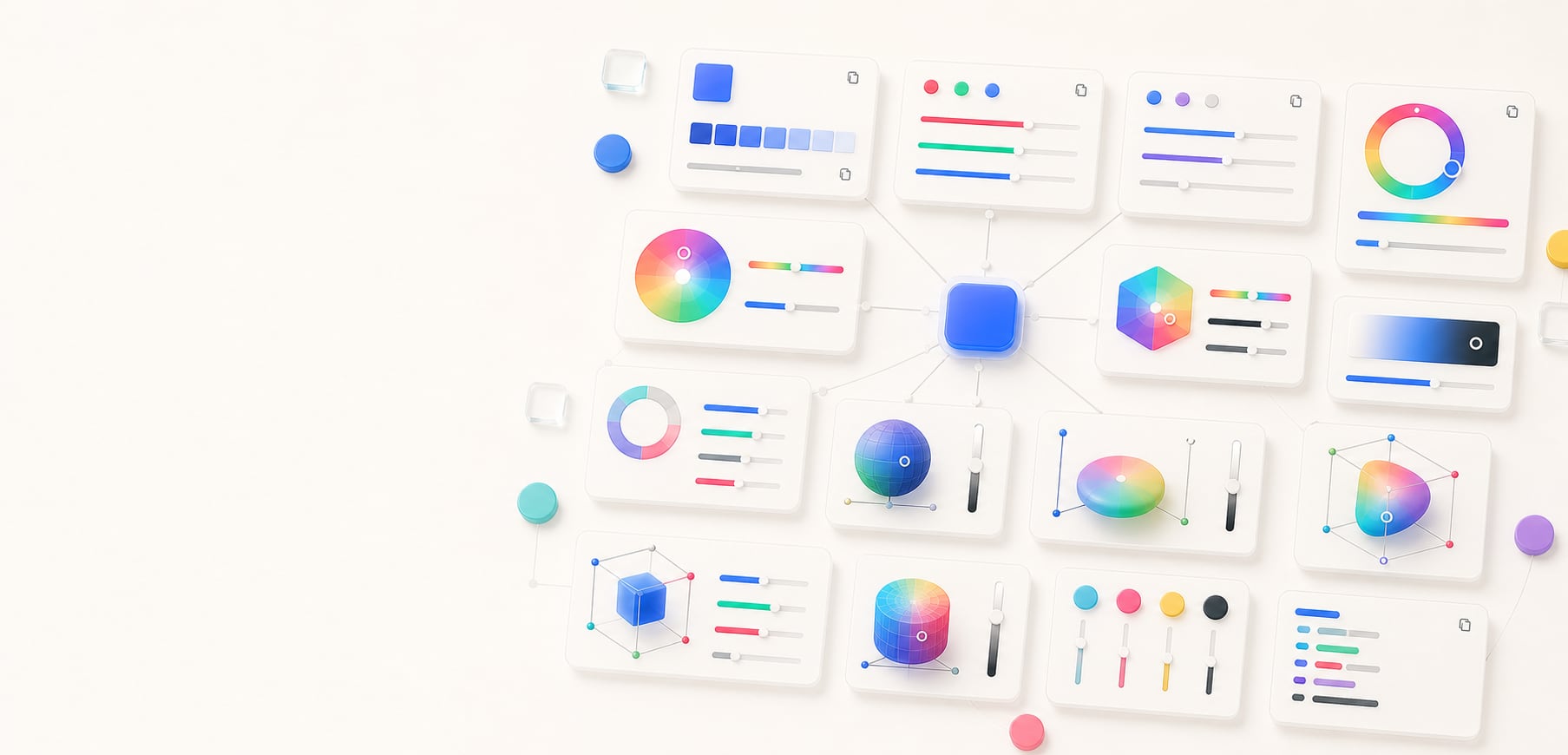 A polished color model comparison workspace with one seed color connected to model cards, hue wheels, sliders, coordinate diagrams, color-space forms, and abstract export panels.