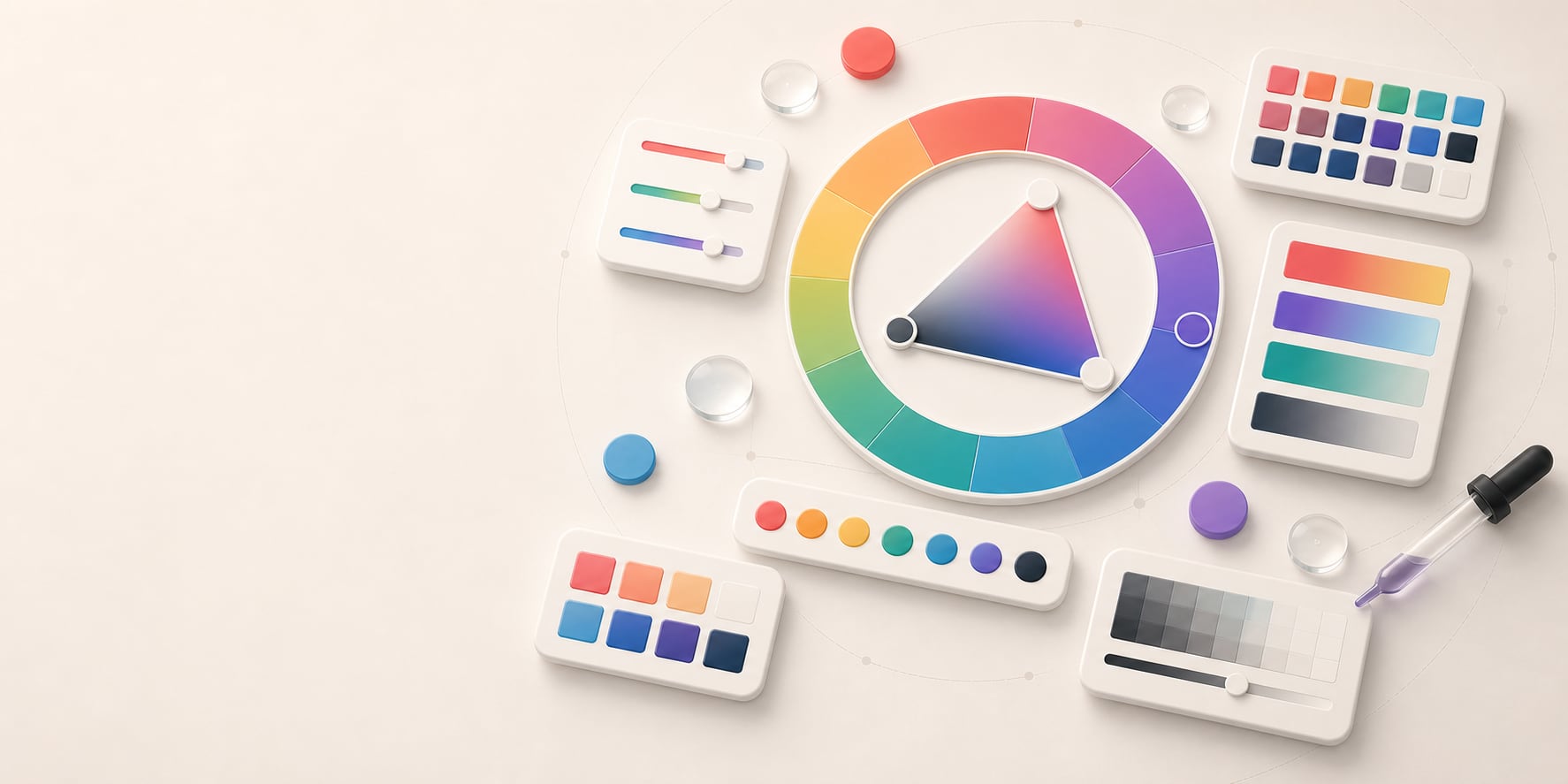 A polished color picker workspace with a large hue wheel, saturation triangle, eyedropper, sliders, swatches, and color panels.