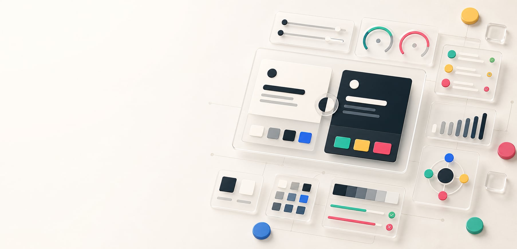 A polished contrast checker workspace with light and dark foreground/background cards, contrast meter arcs, readable text bars, swatches, and accessibility check indicators.