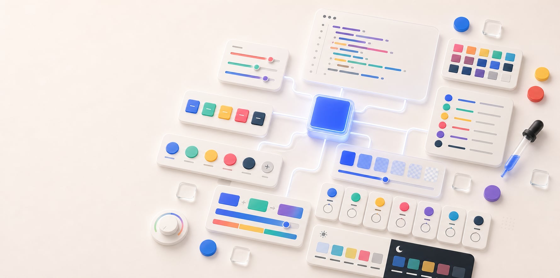 A polished CSS color generator workspace with one blue seed color connected to glass value panels, role chips, alpha sliders, swatches, and light and dark mode cards.