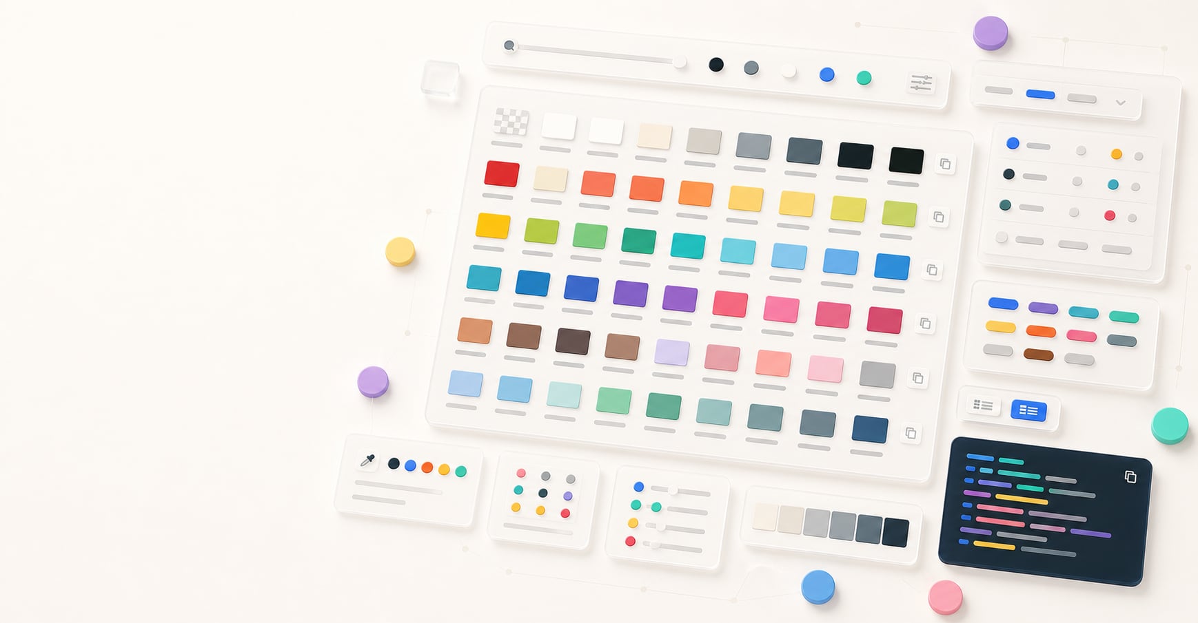 A polished CSS named colors reference workspace with an organized swatch table, transparent checker tile, search and filter controls, copy buttons, and abstract keyword value panels.