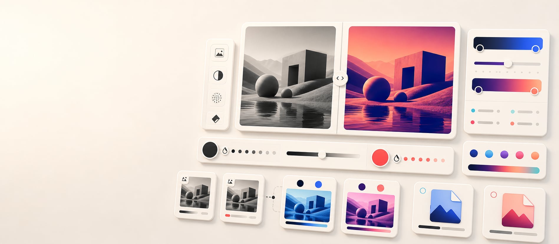 A polished duotone generator workspace with source and two-color preview panels, shadow and highlight controls, luminance sliders, export cards, and gradient strips.