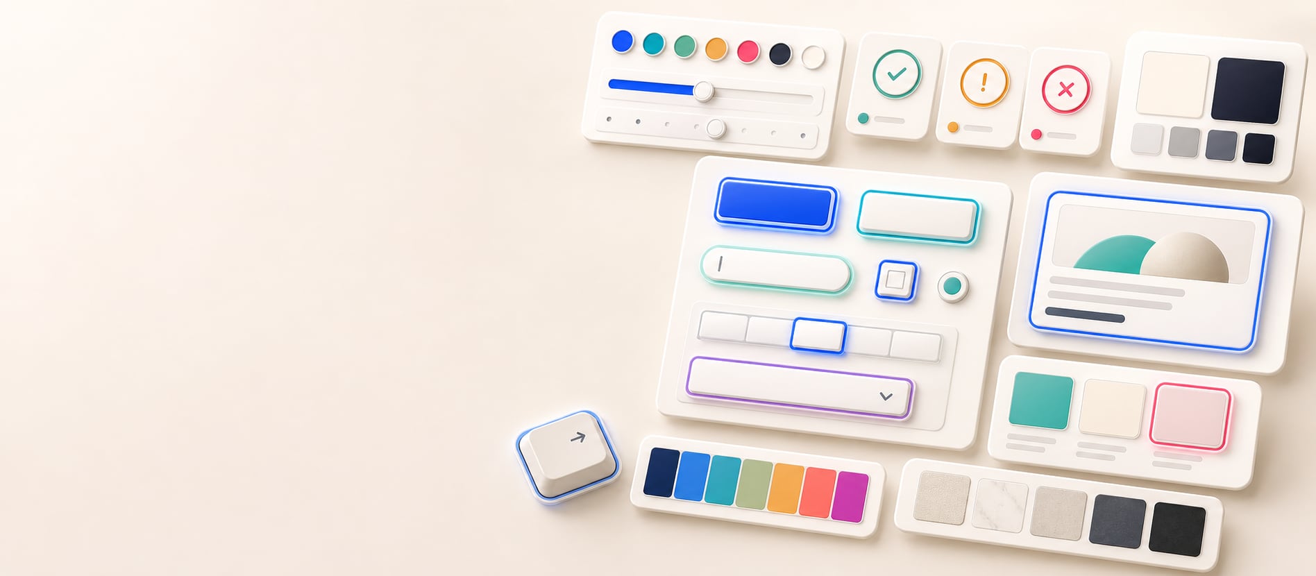 A polished focus ring contrast workspace with focused buttons, input fields, contrast status cards, color swatches, sliders, and adjacent surface panels.