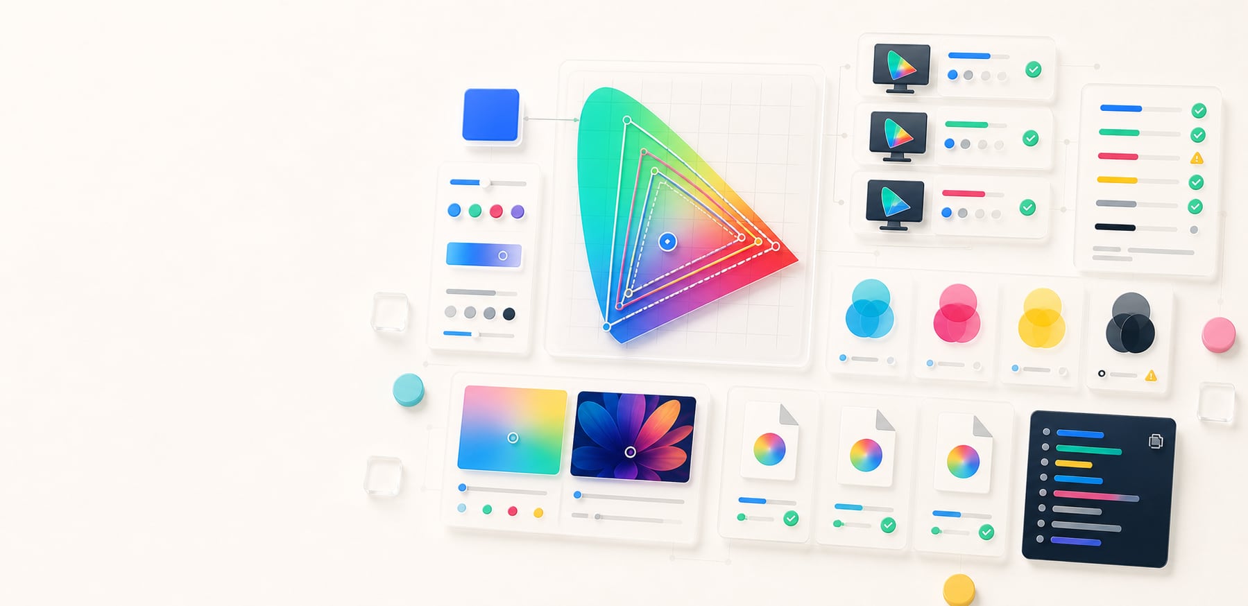 A polished color gamut checker workspace with a nested gamut boundary diagram, seed color swatch, display gamut panels, print approximation cards, and abstract gamut report output.