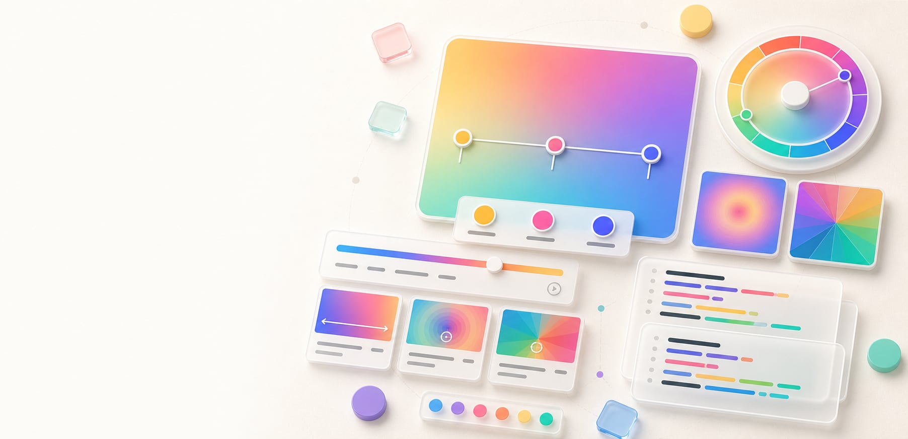 A polished gradient generator workspace with a large gradient preview, three color stop handles, angle controls, linear, radial, and conic gradient cards, swatches, and abstract CSS export panels.