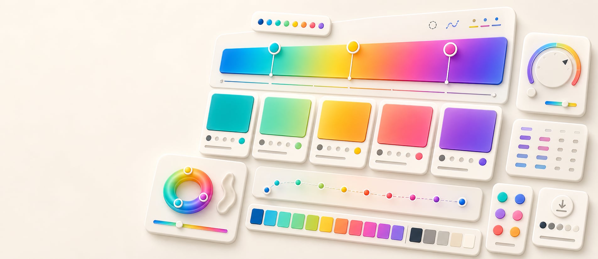 A polished gradient palette extractor workspace with a large gradient preview, draggable color stops, sampled swatch cards, angle controls, interpolation dots, and role strips.