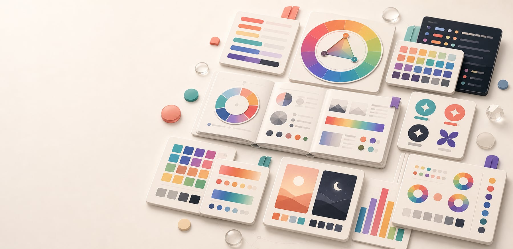 A polished color reference library workspace with guide cards, hue wheels, contrast panels, palette strips, and color diagrams.