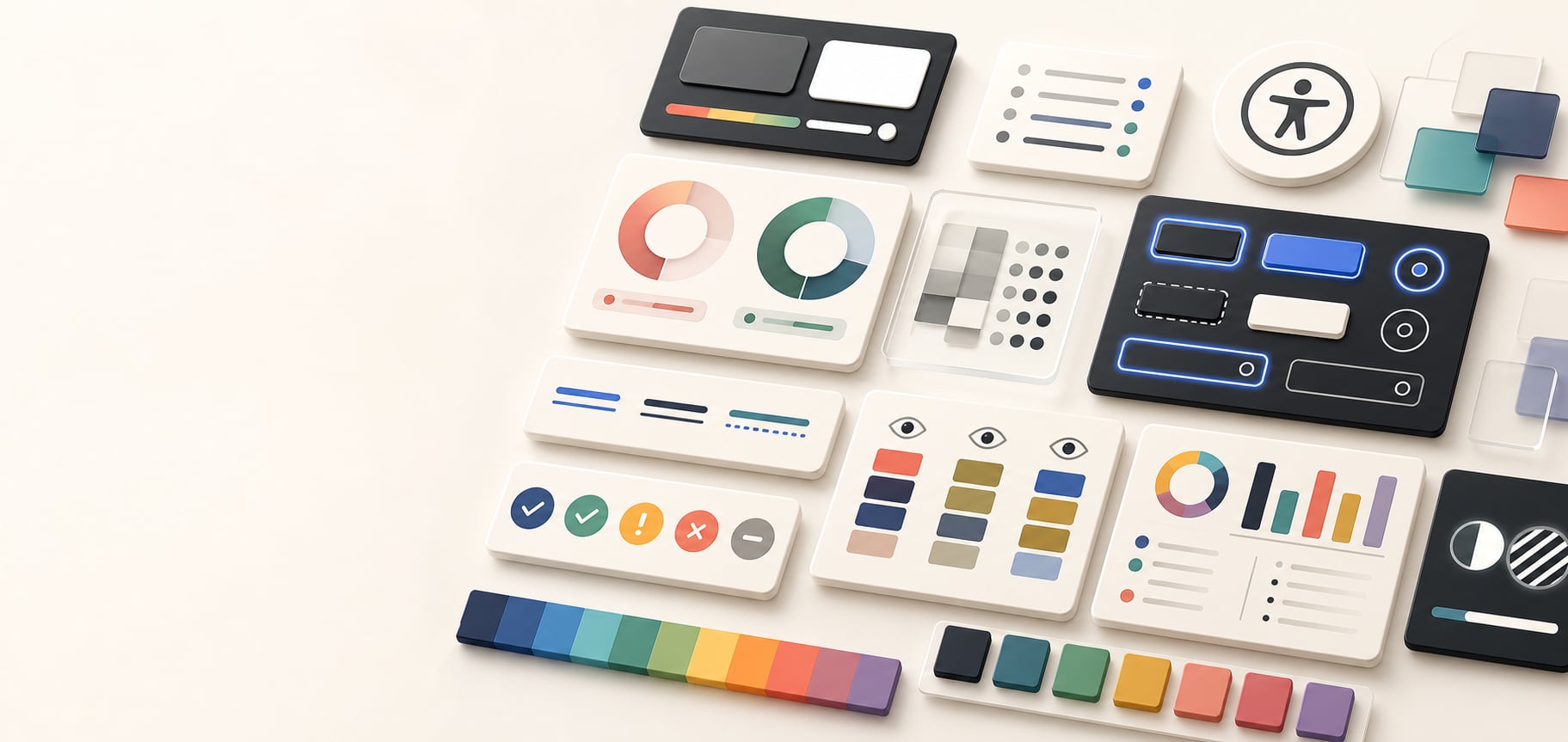 A polished accessibility testing workspace with abstract contrast panels, focus rings, link states, color-vision comparison cards, semantic status chips, chart marks, and palette strips.