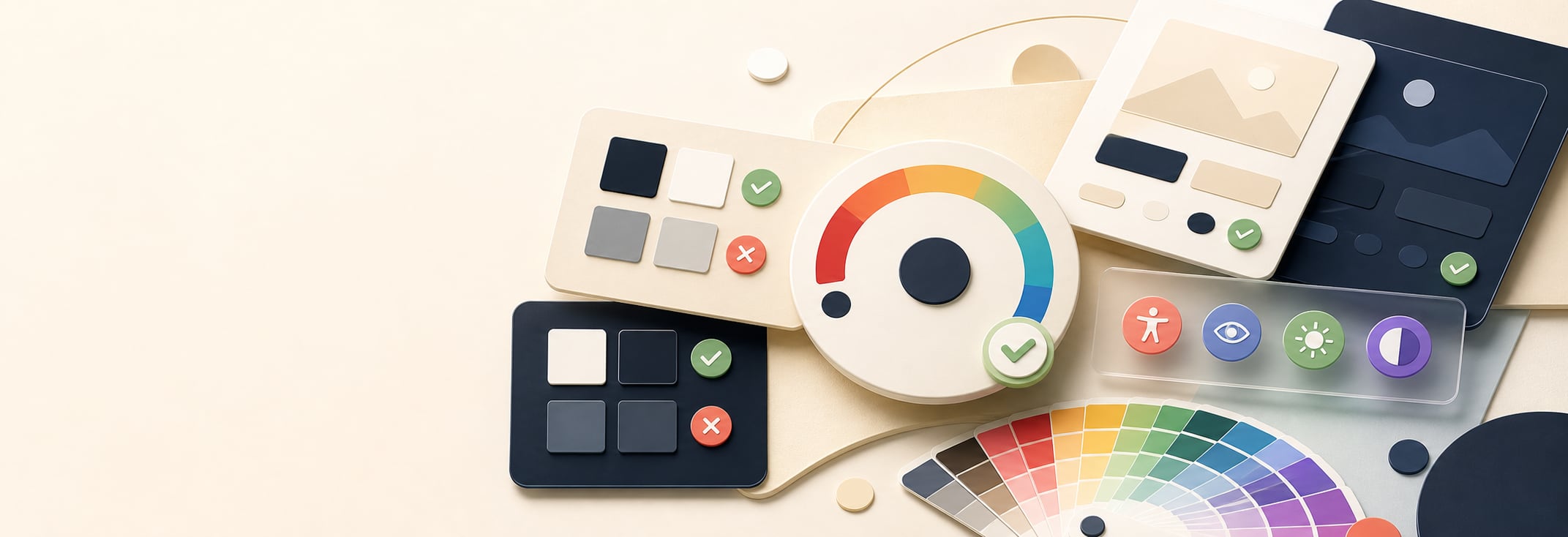 Abstract contrast accessibility scene with light and dark UI panels, color swatches, meter shapes, and pass or fail indicators.