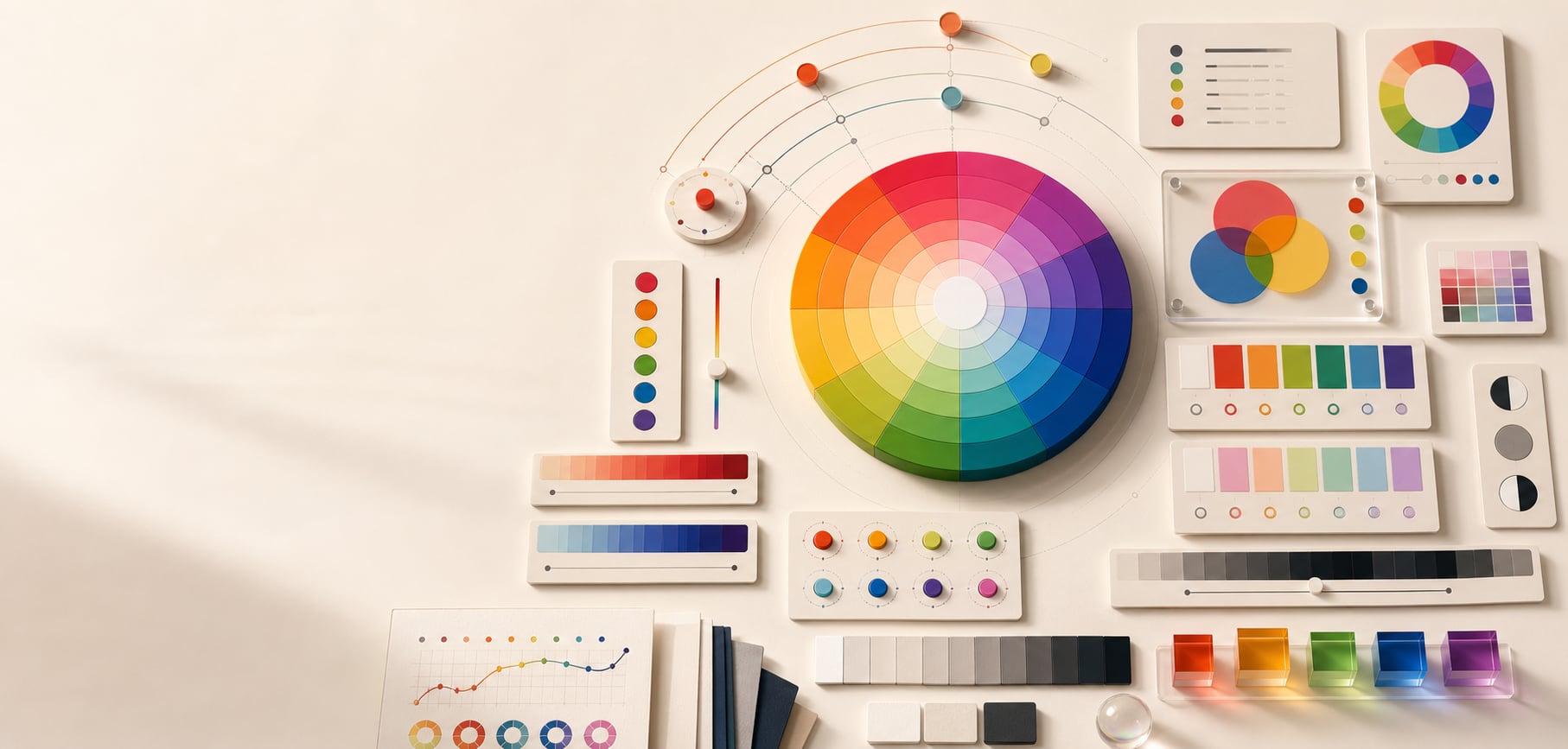 A polished color theory workspace with a large color wheel, lightness and chroma ramps, palette cards, harmony markers, and abstract color-system panels.