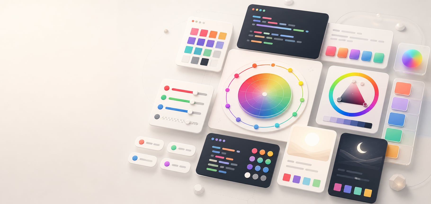 A polished design and development workspace showing abstract CSS color panels, swatches, channel sliders, color wheels, and light and dark mode cards.
