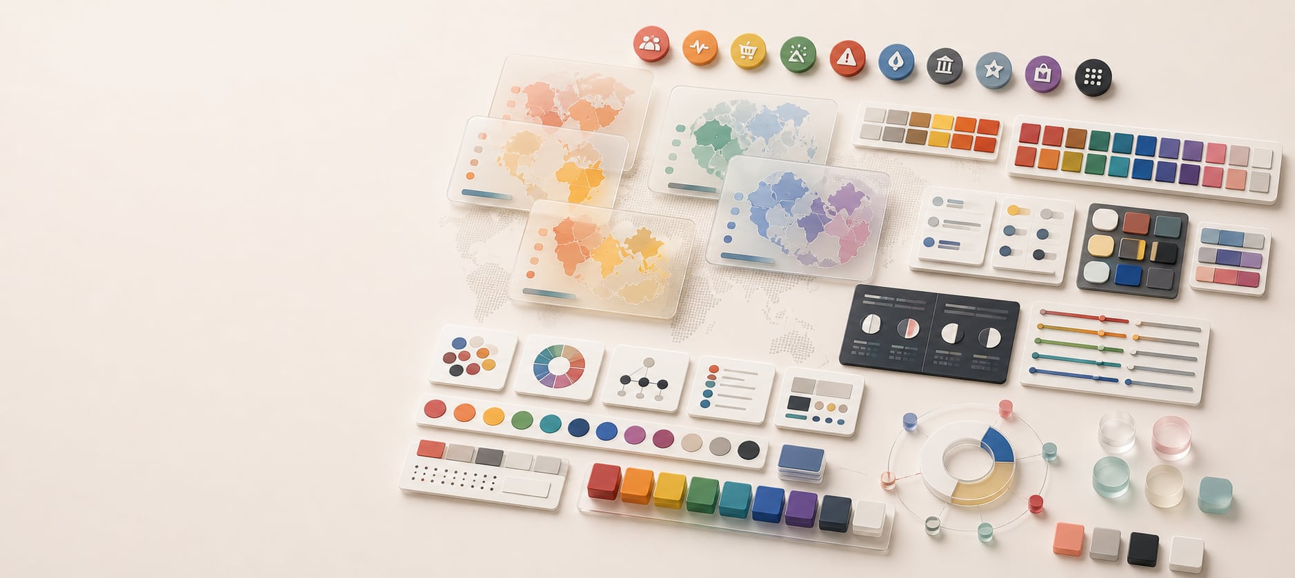 A polished cultural color research workspace with abstract regional map cards, palette swatches, localization review panels, accessibility checks, and global brand color materials.