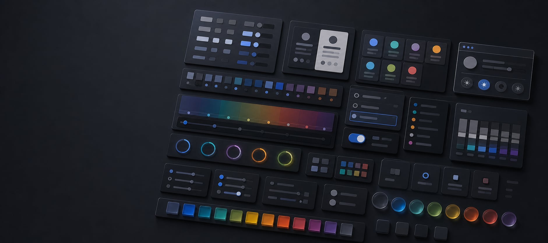 A polished dark mode design system workspace with layered dark surfaces, token strips, contrast cards, semantic color swatches, focus ring samples, and light and dark theme panels.