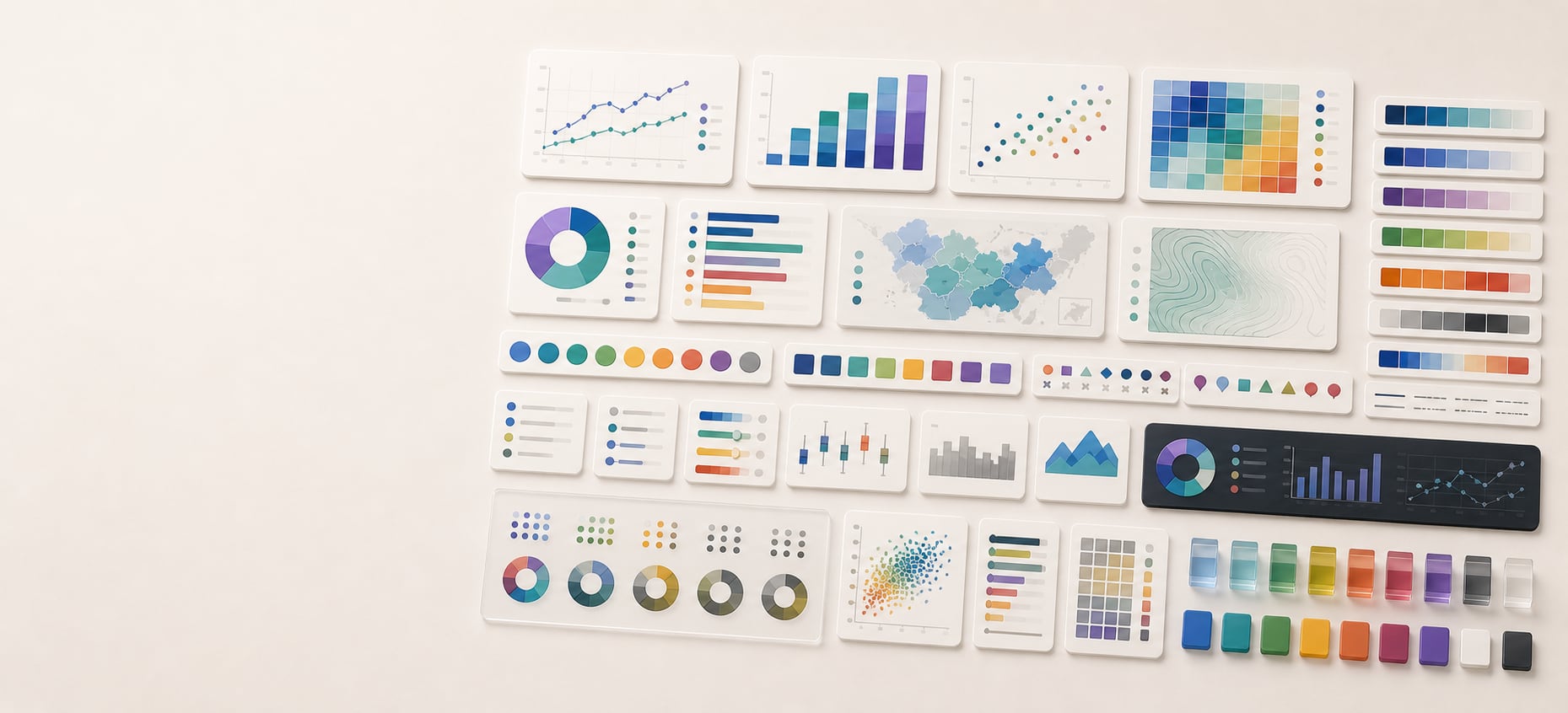 A polished data visualization color workspace with abstract chart cards, color ramps, maps, legends, grayscale previews, color-vision panels, dashboard tiles, and palette token strips.