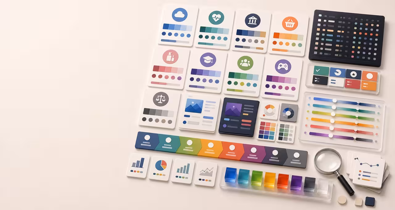 A polished industry color strategy workspace with abstract category palette cards, competitor audit grids, operational UI cards, consumer brand boards, accessibility panels, and color role strips.