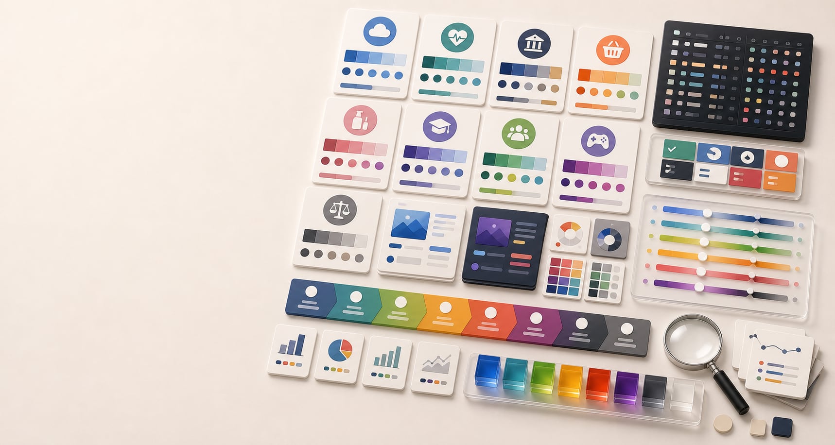 A polished industry color strategy workspace with abstract category palette cards, competitor audit grids, operational UI cards, consumer brand boards, accessibility panels, and color role strips.