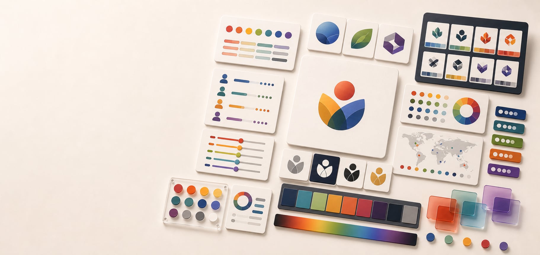 A polished brand strategy workspace with abstract logo cards, color association swatches, audience context panels, competitor palette boards, cultural map cards, contrast checks, and brand palette strips.
