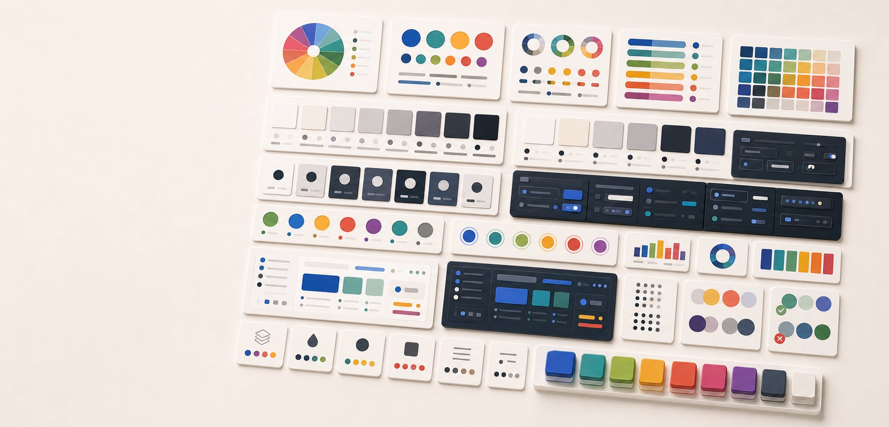 A polished palette anatomy design-system workspace with abstract brand swatches, neutral ramps, surface cards, semantic state colors, contrast pairings, chart strips, light and dark theme tiles, and token cards.