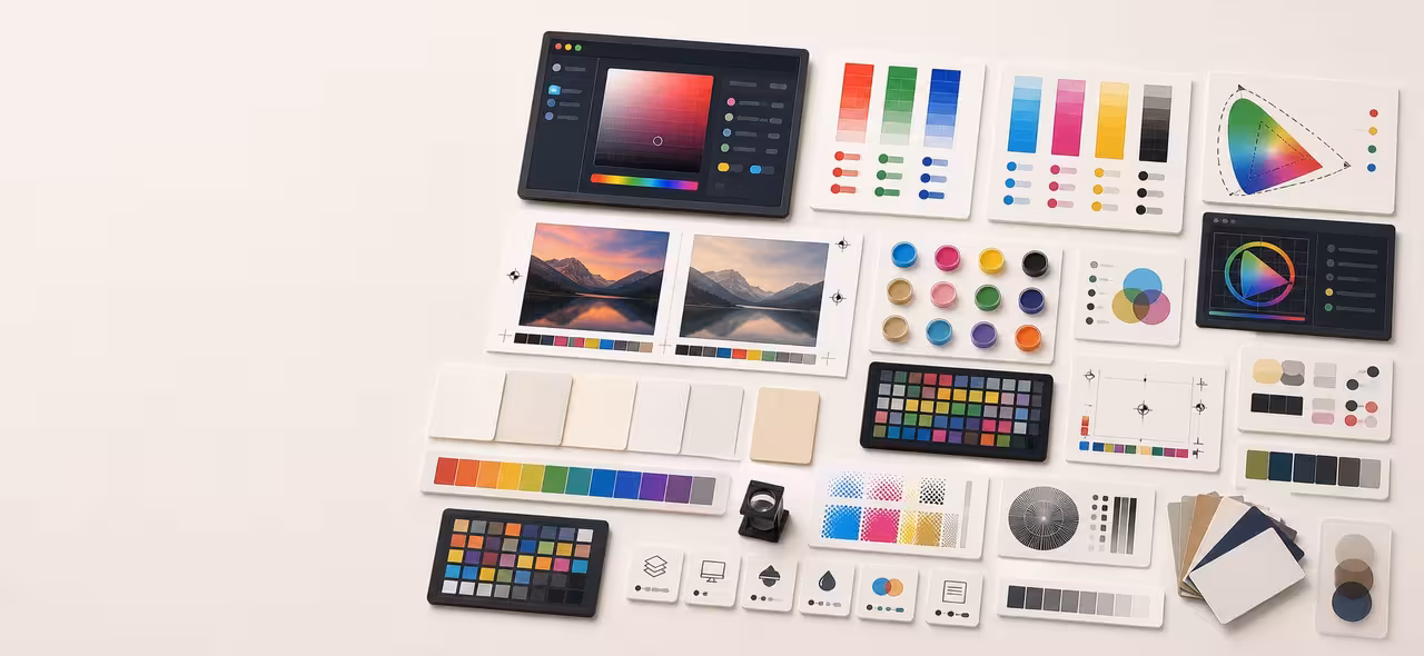 A polished print and screen color production workspace with abstract monitor color panels, RGB swatches, CMYK ink separations, ICC profile cards, gamut diagrams, proof sheets, paper stock chips, and spot color samples.