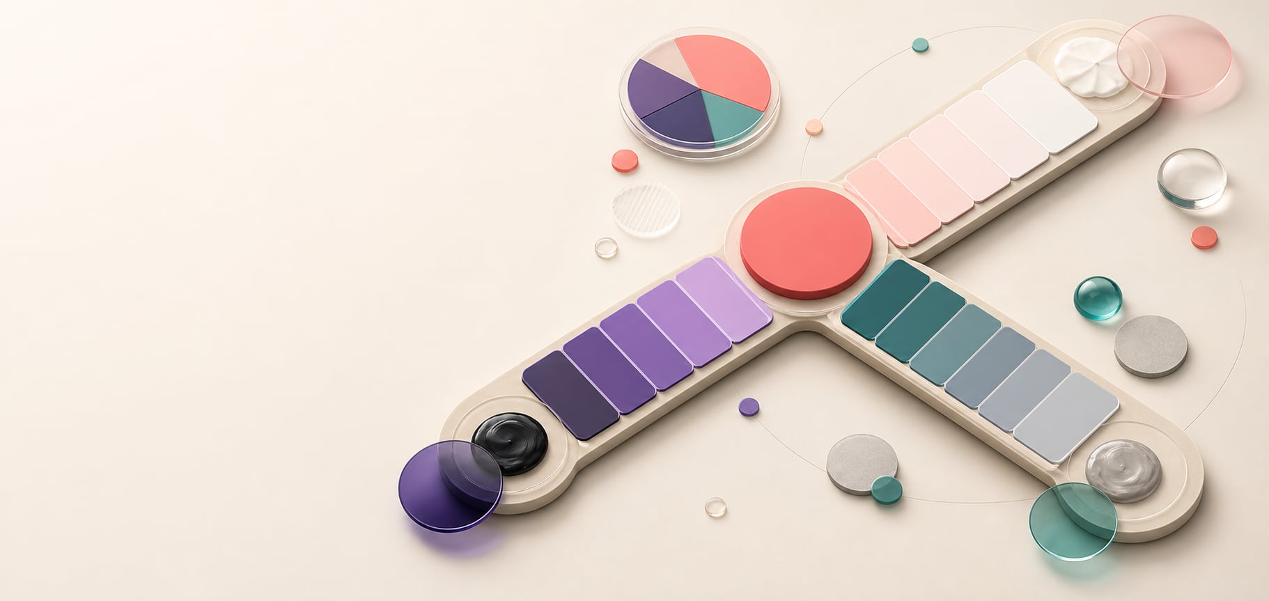 A polished three-dimensional color mixing scene showing one base color branching into tint, shade, and tone swatch ramps.