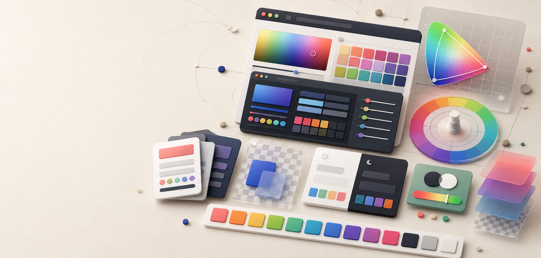 A polished web color workspace with abstract browser panels, color gamut shapes, palette strips, transparency layers, light and dark theme cards, and contrast meter forms.