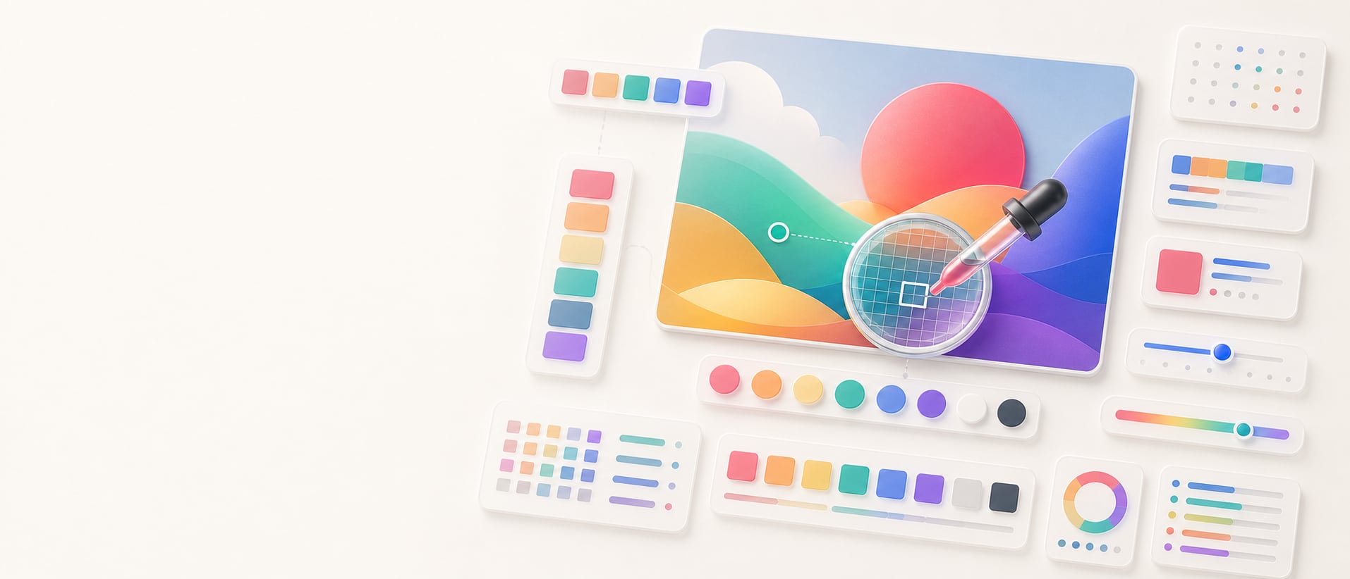 A polished image eyedropper workspace with an abstract image preview, magnified pixel grid, eyedropper tip, sampled color chips, and abstract export panels.