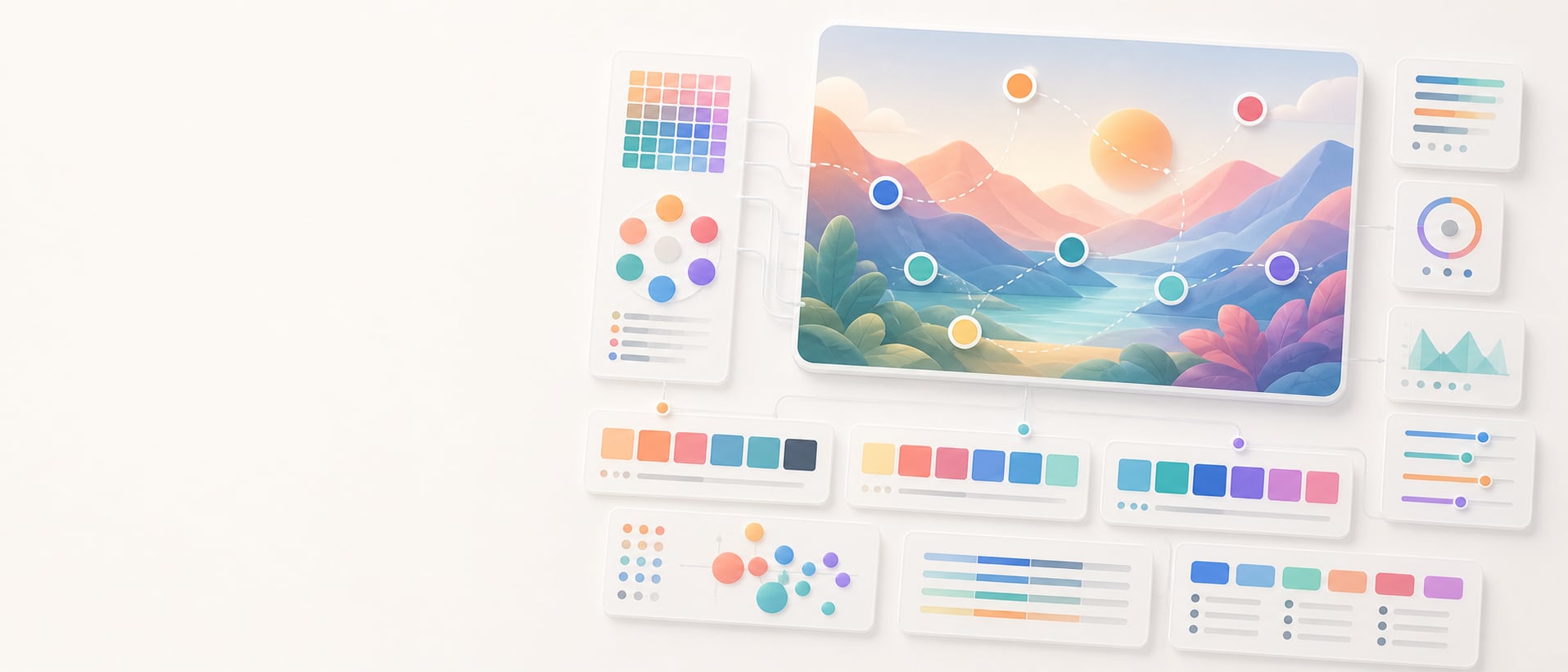 A polished image palette extractor workspace with an abstract image preview, dominant color cluster paths, sampled pixel mosaics, grouped swatch palettes, and abstract export panels.