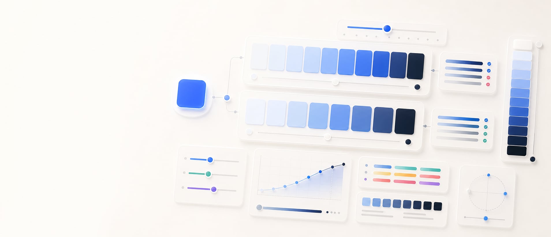 A polished lightness ladder workspace with a seed swatch, pale-to-dark blue scale steps, perceptual lightness charts, sliders, contrast chips, and abstract export panels.