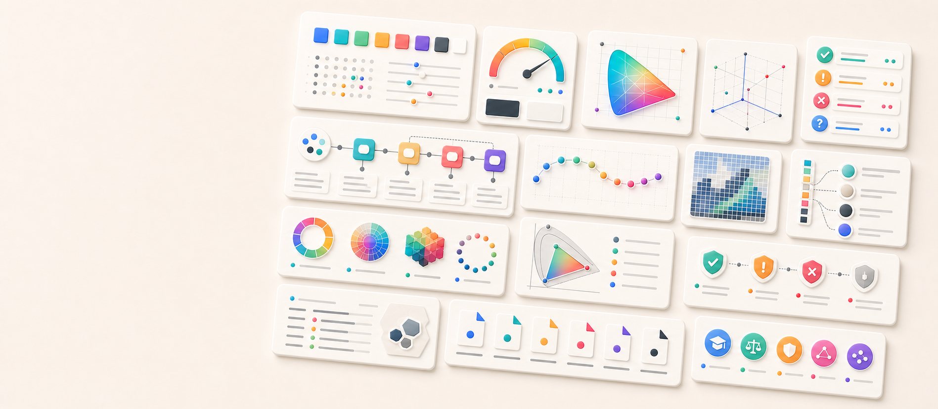 A polished Hue Codex methodology workspace with color calculation cards, contrast gauges, color-space diagrams, validation panels, standards badges, and export notes.