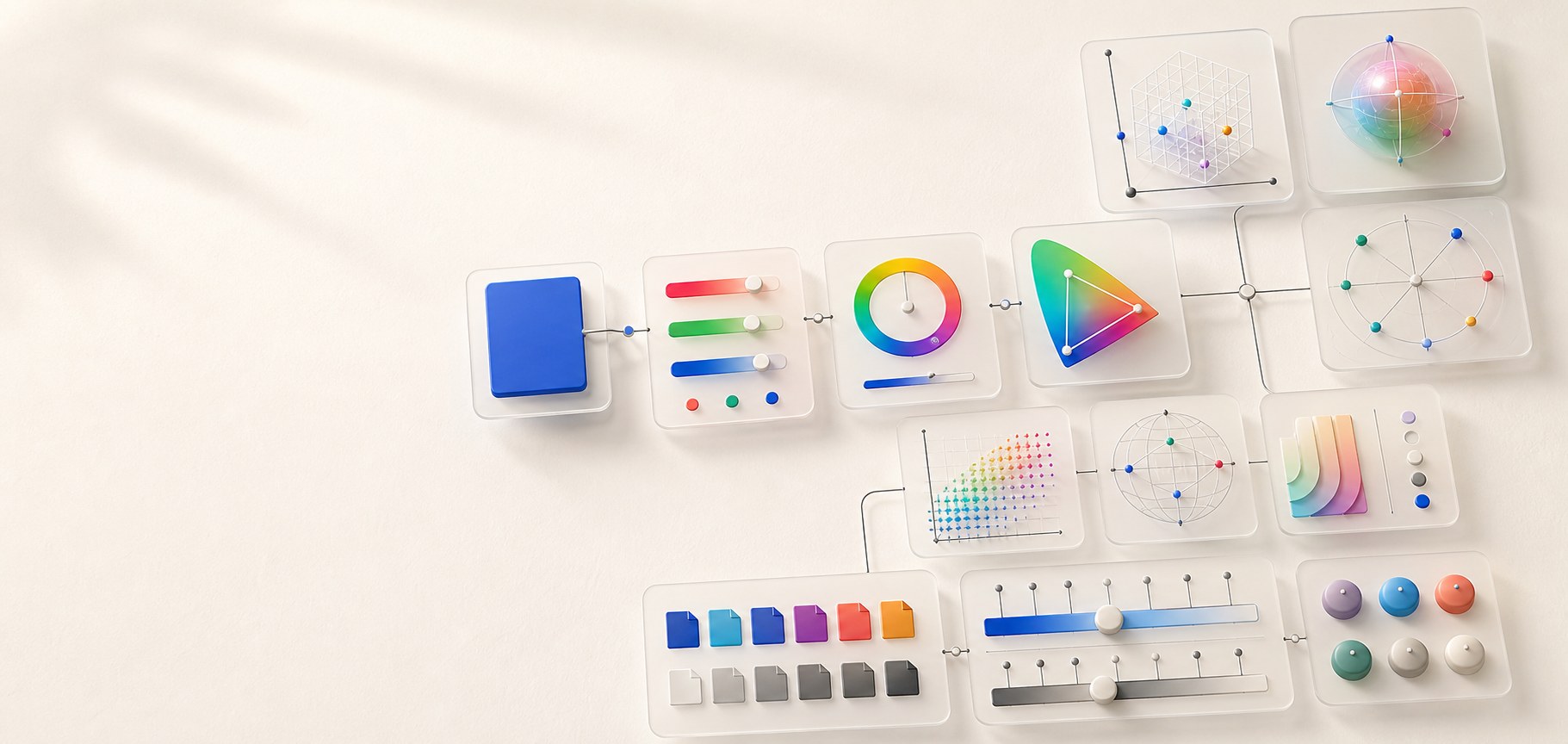 Abstract color conversion methodology workspace with connected color-space panels, channel bars, gamut diagrams, coordinate grids, swatches, and rounding controls.
