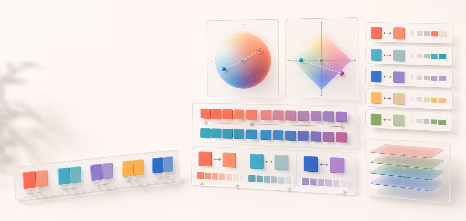 Abstract color difference methodology workspace with paired color swatches, Lab and OKLab-style coordinate panels, distance markers, comparison bands, and layered review cards.