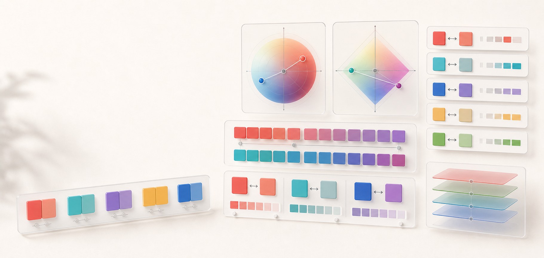 Abstract color difference methodology workspace with paired color swatches, Lab and OKLab-style coordinate panels, distance markers, comparison bands, and layered review cards.